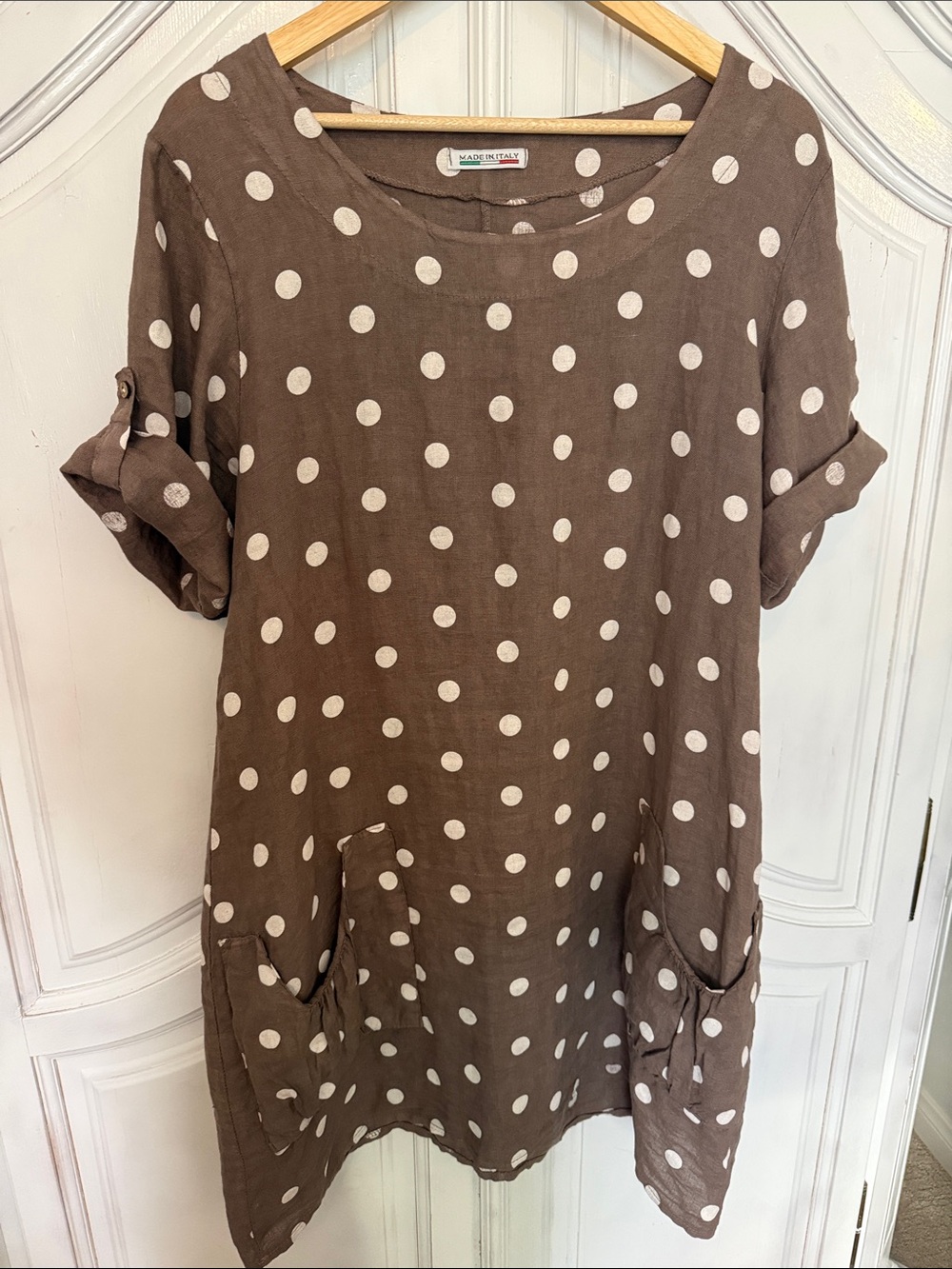 Made in Italy Polka Dot 100% Linen Tunic Dress Brown Taupe Lagenlook European XL